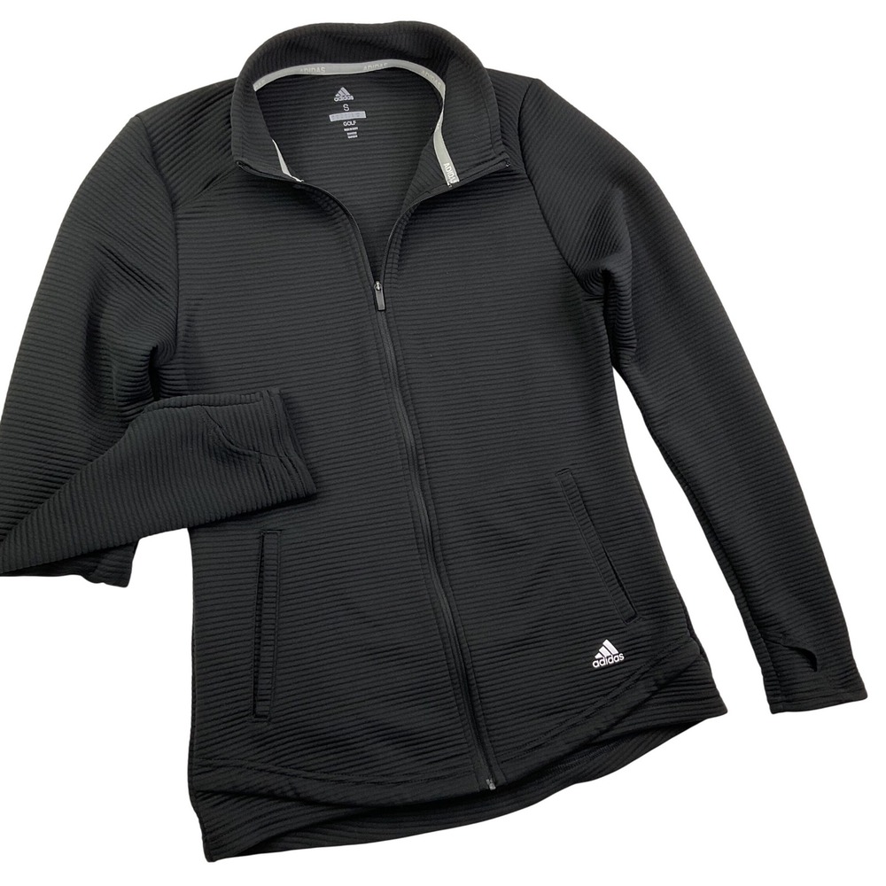 Adidas Golf Jacket Women Sz S Textured Full Zip Athletic Mock Black Thumb Holes
